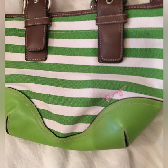 Roxy handbag 👜 💚🩷 stripes leather canvas purse with buckles cute surf nautical - Picture 3 of 4